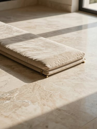 Close-up overhead of a marble-floored empty luxury villa interior at The Palm, a single brass corner brace and folded furniture pad precisely placed on the floor, natural soft north-facing daylight casting long shallow shadows, warm stone and cream tones, no people, no clutter