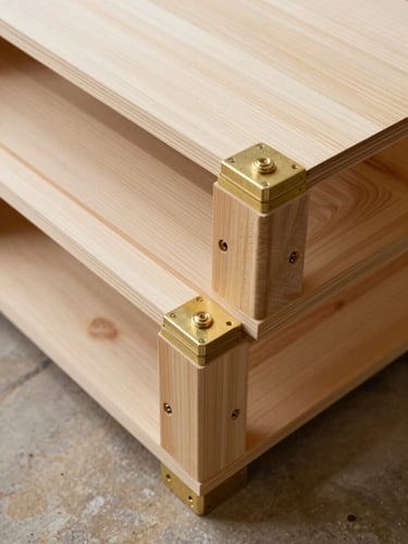 Close-up overhead composition of custom timber crating panels and brass corner hardware arranged on a warm stone floor, soft natural north-facing daylight, no people, emphasis on geometric precision of protective materials