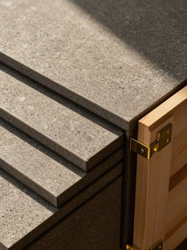 Close-up overhead composition of layered protective packing materials — custom furniture pads folded with precise edges, a corner of brass-hinged wooden crate visible at the right, soft natural north-facing daylight raking across the tactile surfaces, warm stone and charcoal tones, no hands visible, no chaos