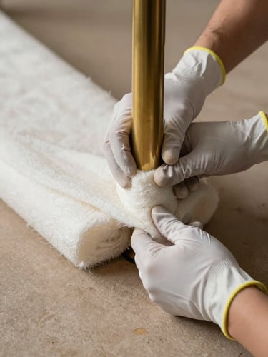 Close-up of gloved hands methodically wrapping a brass furniture leg in thick cotton padding on a warm taupe surface, natural north-facing light casting soft shadows, a second layer of foam visible beneath the cloth, no faces, no clutter, precise and deliberate framing