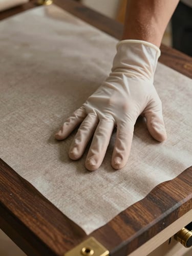 Close-up overhead composition of a gloved hand pressing a humidity barrier sheet flat over a wrapped dark-wood surface, soft north-facing natural daylight, brass hardware visible at the corner edge, warm taupe tones, tactile detail at the centre of frame