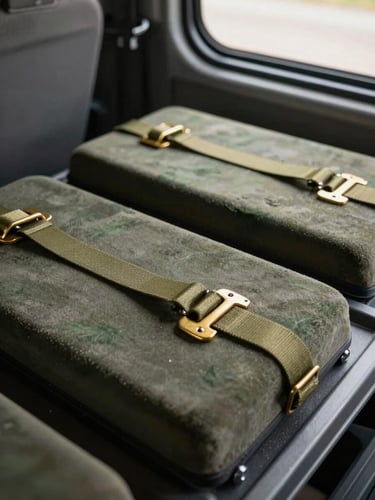 Close-up overhead composition of custom furniture pads and brass-tone hardware straps arranged with military precision inside a climate-controlled vehicle interior, natural soft daylight filtering from the side, tactile surfaces sharp in focus