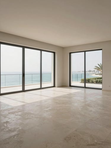Wide interior shot of a pristine empty luxury villa living room on The Palm Jumeirah, pale stone floors and floor-to-ceiling glass, soft diffused natural daylight, no furniture yet placed — the room awaits precise placement