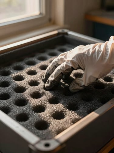Extreme close-up of gloved hands pressing acid-free foam lining into a custom crate interior, warm golden-hour daylight from a side window, tactile surface detail of protective materials, no faces visible
