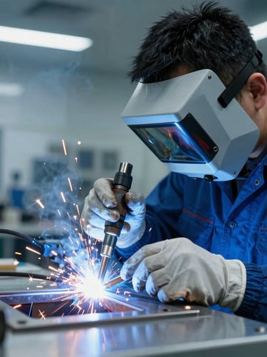 Close-up of a skilled technician in safety gear performing a precise weld in a clean, modern testing facility, bright orange sparks, cool steel blue tones.