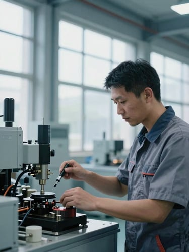 Industrial editorial photography of a skilled technician working in a clean, modern manufacturing facility, cool steel blue tones, sharp focus, natural daylight filtering through warehouse windows.