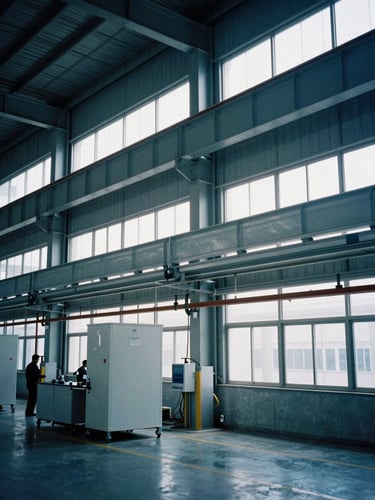 Industrial editorial photography of a modern manufacturing plant interior with clean steel structures, soft daylight filtering through high windows, 35mm.