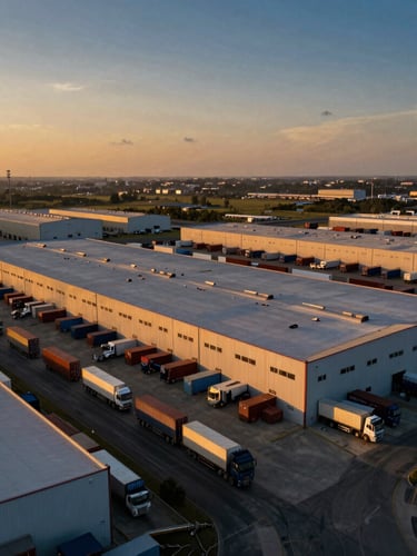 Vista aérea de un vasto centro de distribución logístico moderno al atardecer, con camiones y contenedores organizados, iluminación cálida, estilo cinematográfico corporativo.