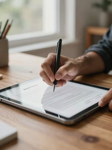 Close-up of hands signing a digital rental contract on a tablet, natural window light, documents visible on a wooden desk, no staged props, Colombian residential background softly out of focus