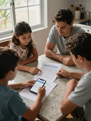 Overhead shot of a Colombian family reviewing insurance documents on a kitchen table, natural afternoon light through a window, phone showing a digital form, warm home interior, no staged smiles
