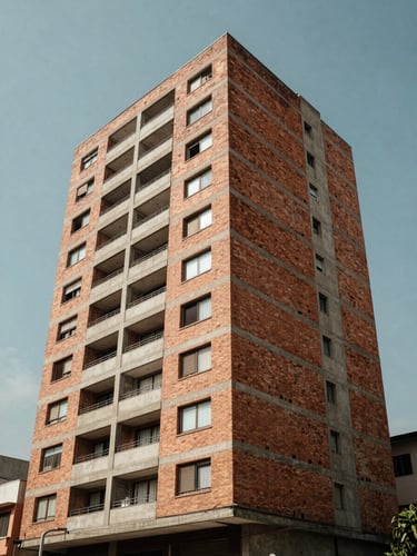 Wide daylight shot of a modern Colombian apartment building facade in Bogotá, warm concrete and brick tones, street-level perspective slightly off-center to the left, clear sky above, no people, no text