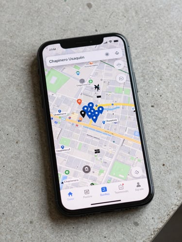 Close overhead shot of a smartphone screen showing an interactive map of Bogotá with property pins clustered across Chapinero and Usaquén, natural daylight falling across the device on a light concrete surface, map tiles and price labels clearly visible on screen