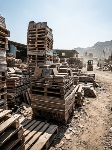 Low-angle wide shot of stacked heavy tile pallets in a dusty Rajasthani shipping yard, harsh direct daylight, high-contrast industrial shadows