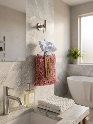alt="Hanging a customizable herbal scent bag to refresh a bathroom"