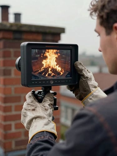 Close-up portrait of a chimney sweep in work attire, wearing protective gloves and examining a video inspection monitor, focused expression, warm golden firelight, shallow depth of field.
