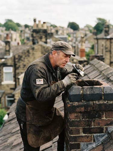 Medium shot of a CSIA-certified chimney sweep on a roof, carefully inspecting a chimney flue, natural overcast daylight, deep charcoal and brick-red tones, shallow depth of field, with the sweep positioned to the right.