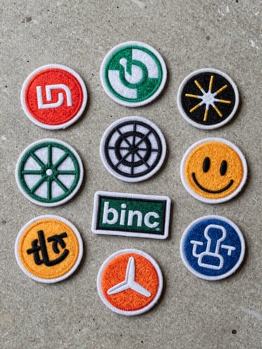 Top-down flat lay of custom embroidered felt patches with clean laser-cut edges, arranged on a raw concrete surface.