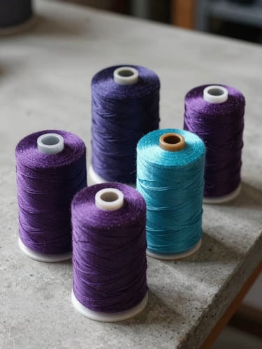 Tight macro flat lay of deep purple and turquoise thread spools aligned on a clean concrete workshop table, directional light casting soft shadows.