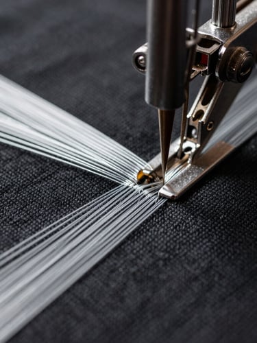 Macro shot of a high-speed embroidery needle piercing black canvas fabric, showing high-density silver thread, sharp directional side-lighting casting micro-shadows on the thread ridges.