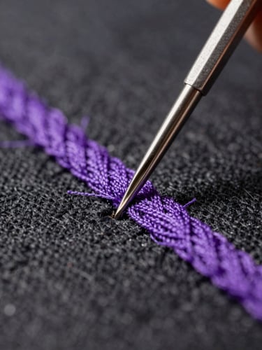 Macro portrait of an industrial embroidery needle piercing charcoal canvas, sharp side-lighting highlighting the high-density purple thread texture.