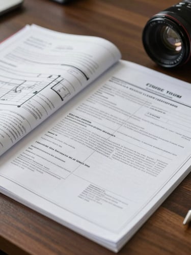 Close-up of verified property blueprints and legal title documents on a dark wooden desk under soft office lighting