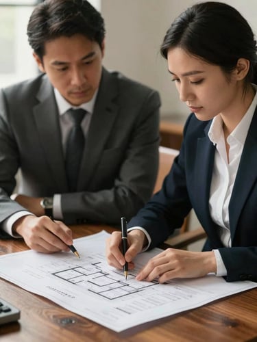Two professional real estate advisors in corporate attire reviewing architectural blueprints on a dark wood desk, warm natural side lighting.