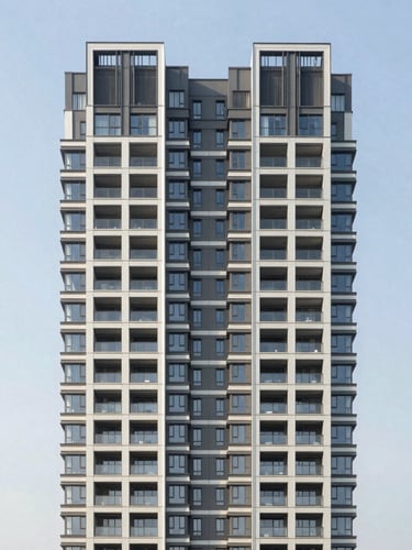 Clean architectural rendering of a modern residential tower in Noida Extension, framed symmetrically against a bright midday sky with sharp structural lines.