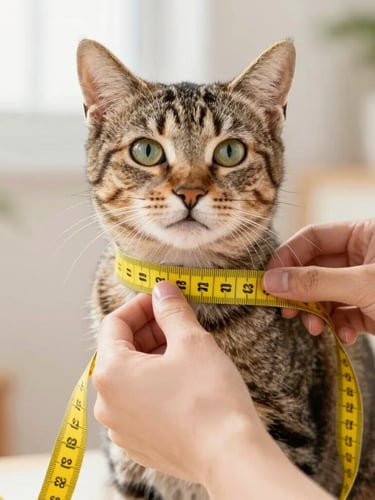 Close-up of human hands gently measuring a calm tabby cat's chest with a yellow measuring tape, soft natural daylight, warm home setting