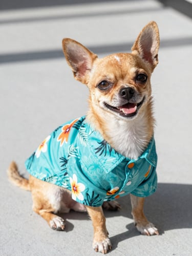 A happy small chihuahua dog wearing a vibrant turquoise miniature hawaiian shirt, sitting on a clean light gray floor, warm natural sunlight, eye-level shot, 35mm lens