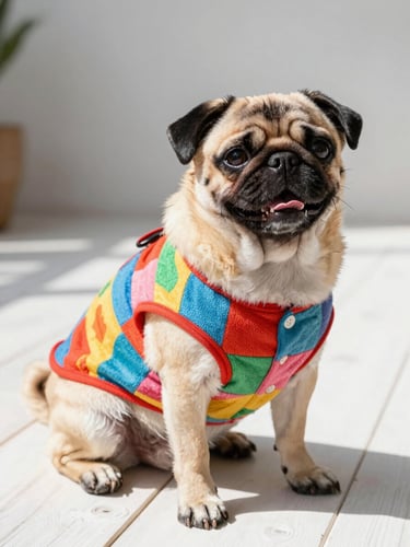 Un alegre perro de raza pug vistiendo una colorida camisa playera hecha a mano, sentado sobre un piso de madera clara iluminado por luz natural brillante.