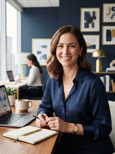 Professional editorial portrait of a digital marketer in a clean, sunlit workspace, eye-level medium close-up, soft natural window light, deep navy and warm gold accents in the background, sharp focus, 35mm lens.