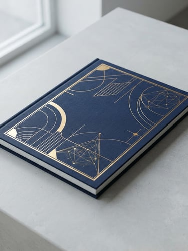 A high-fidelity 3D mockup of a digital marketing playbook on a clean light gray surface, sharp focus, natural window light, deep navy cover with gold accents.