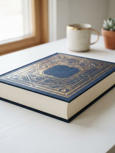 A sharp 3D mockup of a thick digital marketing playbook with a deep navy cover and gold foil lettering, resting on a clean white desk with soft natural window light.