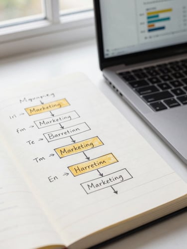 A close-up of a notebook with handwritten marketing funnel diagrams, adjacent to a laptop showing analytics charts, soft natural light, clean editorial style, sharp focus.