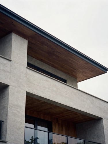 Close-up architectural detail of a modern residential building facade, clean concrete and dark wood textures, soft overcast light, high contrast