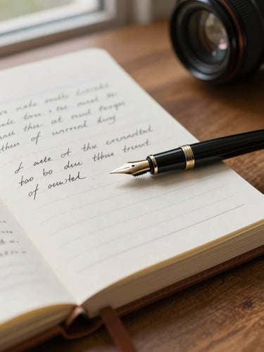 Close-up of handwritten notes on textured paper, leather-bound notebook, elegant fountain pen on a wooden desk, soft window light.