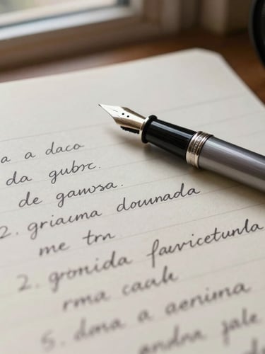 A close-up of handwritten Spanish grammar notes on textured cream paper, a vintage fountain pen resting beside it, soft natural light from a study window.
