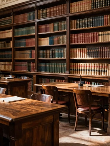 An atmospheric, medium shot of a historic academic library in Madrid, warm directional daylight illuminating dark wood study tables and rows of leather-bound books.