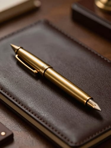Close-up of an elegant brass pen resting on a dark leather desk blotter, warm low-key lighting, shallow depth of field, legal office atmosphere.