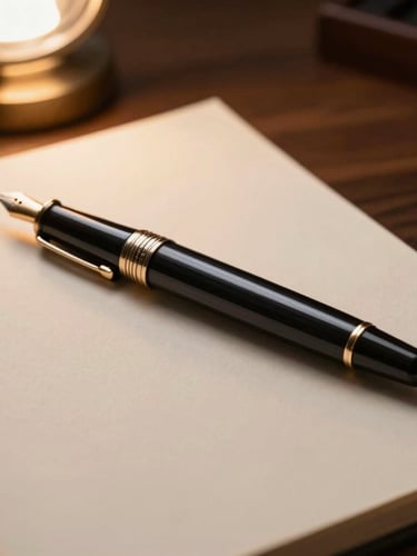 Cinematic close-up of a luxury fountain pen resting on a heavy textured cream paper document, warm desk lamp lighting, dark wood background, shallow depth of field