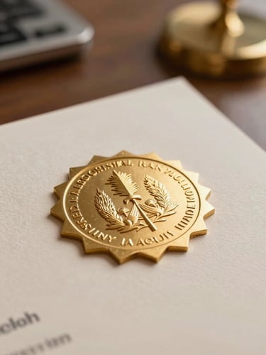 Close-up of an official gold-embossed certificate seal on premium textured paper, luxury corporate office background with warm brass accents