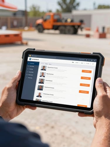 Hands of a professional contractor holding a rugged tablet on an active Long Beach job site, showing a clean modern CRM pipeline, bright natural daylight, 35mm