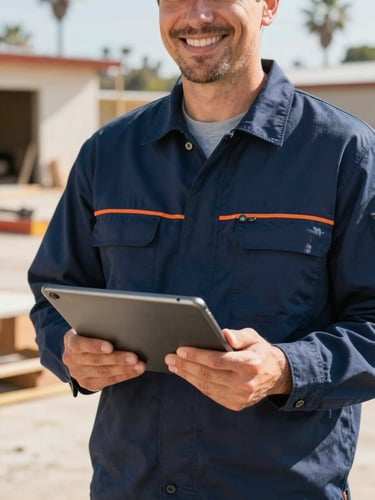 Medium close-up of a smiling HVAC contractor in a navy uniform holding a tablet on a bright Long Beach job site, warm natural sunlight, sharp focus