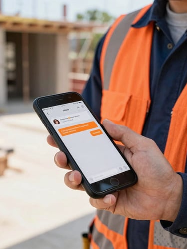 Medium close-up of a contractor holding a smartphone on an active job site, showing a text-back notification with orange accents, bright natural daylight, 35mm