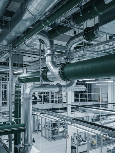 Crisp architectural photography of modern ventilation ductwork in a high-tech facility, cool metallic tones, sharp focus, 35mm