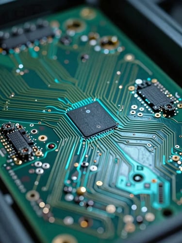 Extreme close-up of high-density server rack circuit boards, sharp directional cyan lighting, shallow depth of field, architectural silicon pathways.