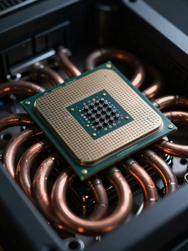 Extreme close-up of high-density server processors with precise copper heat pipes under moody low-key directional lighting, dark metallic tones.