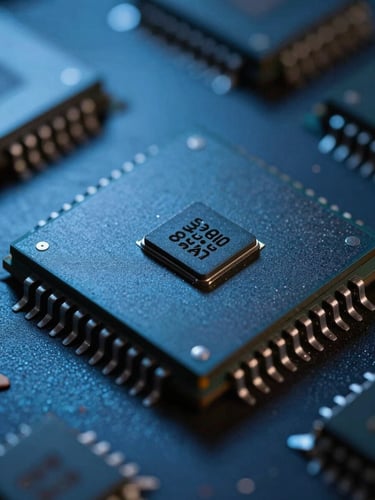 Extreme close-up macro shot of physical silicon microchip under sharp directional blue studio lighting, dark shadows, high-contrast, technical precision