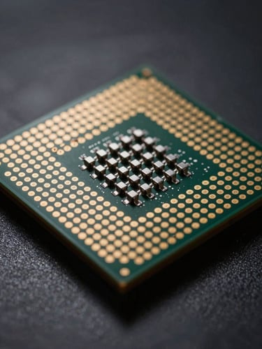 Macro shot of physical silicon microprocessor, high-contrast low-key lighting, sharp directional studio light with deep shadows, extreme close-up