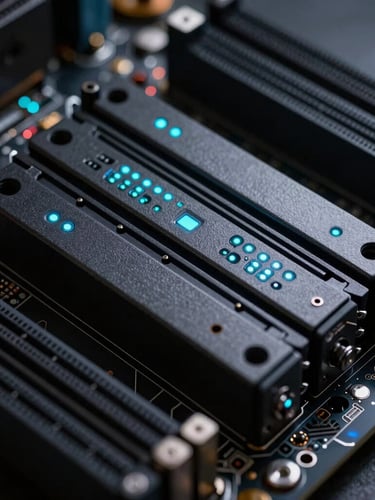 Extreme close-up of high-performance server motherboard, sharp architectural lines, glowing cyan indicator lights, deep shadows, low-key directional lighting